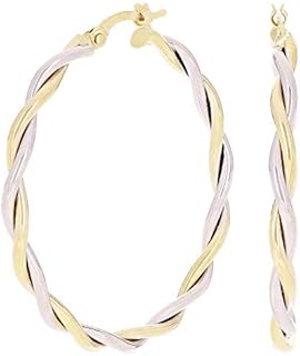 Stunning 14k Yellow & White Gold Twisted Hoop Earrings with Click-Top Post, Large 38.6mm, Imported from Italy