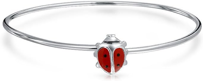 Easy Hook Personalized Ladybug Charm Bangle Bracelet for Women and Teens in .925 Sterling Silver - Unique Good Luck Design