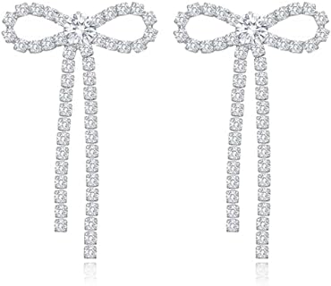 Cubic Zirconia Crystal Bow Dangle Earrings with Push Back for Women, Wedding/Bridal/Prom Jewelry Gift