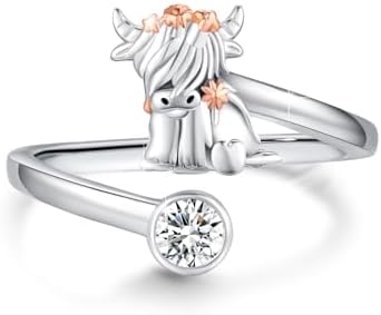 Adjustable 925 Sterling Silver Scottish Highland Cow Ring: Ideal Jewelry Gift for Women and Girls, No Gemstone, Designed in Unique Animal Shape