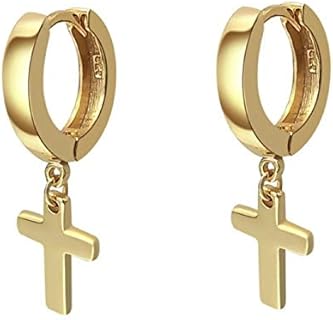 Solid Yellow Gold Plated 925 Sterling Silver Drop Dangle Cross Huggie Hoop Earrings Trendy Cross Earrings For Men Women Small 12mm Huggie Hoops Dangling Earrings for Men Hypoallergenic Lightweight
