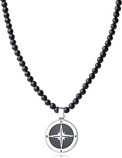Lobster Clasp Onyx Bead Necklace with Ball Chain, Stainless Steel Compass Pendant for Men