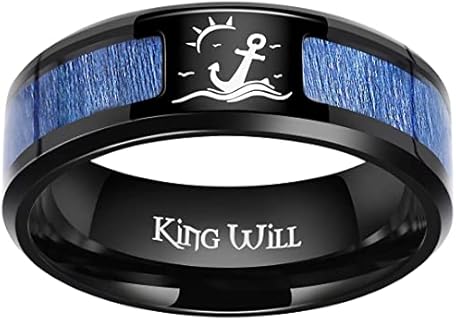 Nautical Titanium Wedding Rings with No Gemstone, Wood & Blue Opal Inlay for Men and Women, Beveled Polished Edge Design