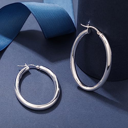 PRETOLE 925 Sterling Silver Hoop Earrings, Thick Oval Chunky Silver Hoop Earrings Hollow Tube Thick Silver Hoop Earrings Hypoallergenic Lightweight Large Silver Chunky Hoop Earrings for Women 30-50MM
