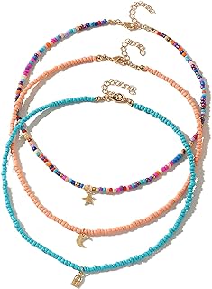 Handmade Multilayered Rainbow Colorful Beads Link Chain Moon Star Butterfly Pendant Choker Necklace Friendship Creative Beach Costume Jewelry for Women Girls