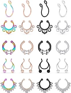 SCERRING Fake Septum Nose Hoop Rings Stainless Steel Faux Lip Ear Nose Septum Ring Non Piercing Clip On Nose Hoop Rings Body Piercing Jewelry Clear CZ 20PCS