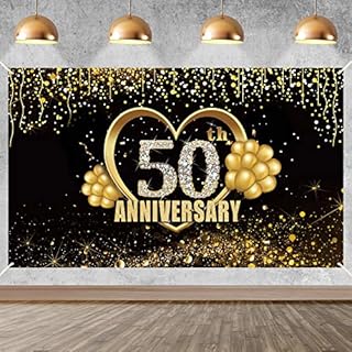 Yoaokiy 50th Wedding Anniversary Banner Backdrop Decorations, Gold Happy 50 Anniversary Party Supplies, Extra Large 50 Year Anniversary Decor Poster Photography (6 X 3.6ft)