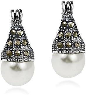 AeraVida Vintage Elegance Iron-Pyrite Faux Pearl Sterling Silver Hoop Earrings with V-lock Back Finding