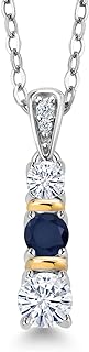 Gem Stone King 925 Silver and 10K Yellow Gold Round White Moissanite and Blue Sapphire Pendant Necklace For Women (0.55 Cttw, Gemstone, with 18 Inch Chain)