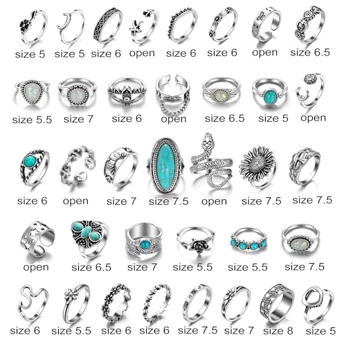 36Pcs Ring Set, Knuckle Rings for Women Girls, Vintage Silver Aesthetic Rings, Turquoise Ring, Crystal Rings, Boho Retro Stone Stackable Ring Sets, Western Jewelry, Gift for Her