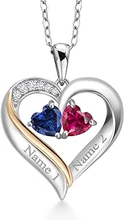 925 Sterling Silver and 10K Yellow Gold Engraved Customized and Personalized Gemstone Birthstone and White Lab Grown Diamond 2-Heart Couple Name Pendant Necklace For Women with 18 Inch Silver Chain