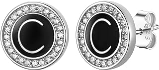 Sterling Silver Initial Stud Earrings - Cubic Zirconia Inlaid Two-Tone Silver Black Letter Design - Push Back Earrings for Men and Women - Classy Alphabet Accent Earrings for Sensitive Ears