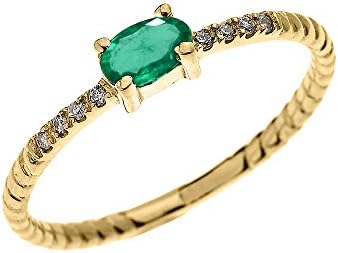 Dainty 14k Yellow Gold Diamond and Solitaire Oval Emerald Rope Design Stackable/Proposal Ring(Size 7)