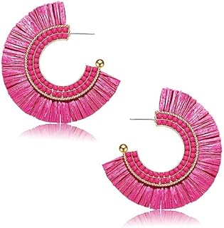 Handcrafted Boho Dangle Raffia Hoop Earrings with Beads for Women - Zinc Back Finding, Geometric Teardrop Design - Perfect Beachy Summer Jewelry Gift No Gemstones Included