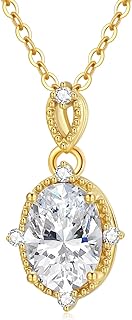 Spring Ring Clasp 14K Gold Necklace with Round Diamond & Oval Cubic Zirconia Pendant for Women, Elegant Link Chain Design Jewelry Gift