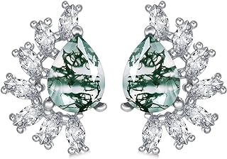 Push-Back White Gold Moss Agate Stud Earrings in Sterling Silver for Women - Ethereal Green Gemstone Design