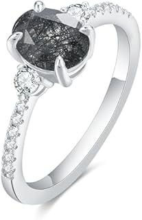 1.5CT Black Rutilated Quartz Engagement Ring for Women, Platinum Plated 925 Sterling Silver, Minimalist Oval Cut Design