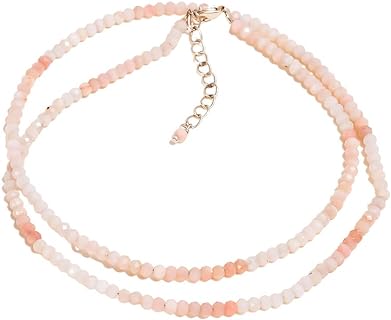Beaded Collar Necklace 2.5 MM Round Pink Opal Stone 925 Sterling Silver Beaded Choker Necklace Handmade Jewelry Gifts -17 Inch Adjustable