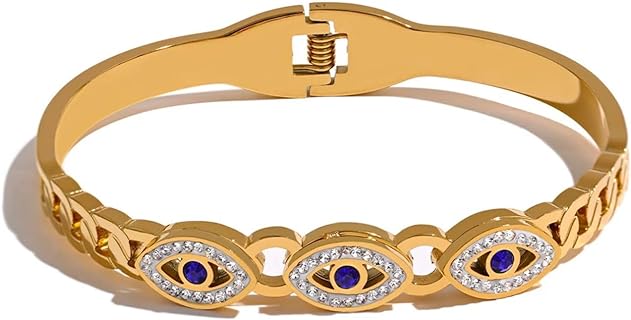 LFE Turkish Evil Eye Bangle Bracelet with Easy Hook and Box Chain, 14k Gold Plated Stainless Steel, Featuring Blue Zircon Gemstone - Perfect for Anniversaries, Engagements, Weddings - Diameter 65mm
