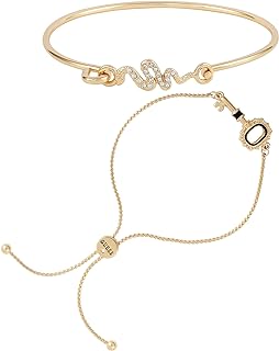 Gold-Tone Pencil Bangle & Slider Bracelet Duo by GUESS with Snake Chain, Slide Clasp, Key Design for Style-Conscious Women
