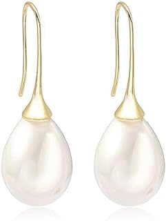 Big White Teardrop Pearl Earrings 18k Gold Plated Hoop Dangle Drop Pearl Earrings Jewelry for Women Girls