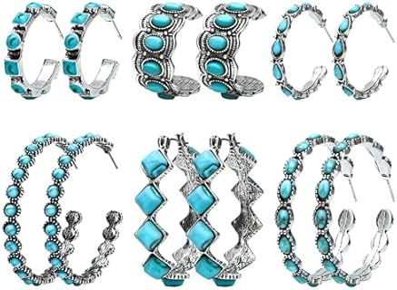 NEWITIN 6 Pairs Turquoise Hoop Earrings for Women Hypoallergenic Earrings Bohemian Oval Earrings Western Earrings Statement Ethnic Hoop Earrings Turquoise Jewelry for Women Girls