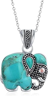 Spring-Ring-Clasp American Indian Silver Bead Necklace with Rolo Chain and Stabilized-Turquoise, For Women, Elephant Pendant Design, .925 Sterling Silver
