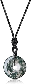 Chic Obsidian Accented Moss Agate Round Donut Pendant Necklace on Adjustable Nylon String - Ideal for Style and Serenity Seekers - Peace and Protection Symbol