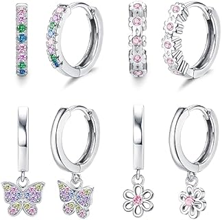 Hypoallergenic Cubic-Zirconia Hoop Earrings Set for Women and Girls, Florideco S925 Silver Needle with Heart, Butterfly, and Flower Designs, Perfect for Sensitive Ears