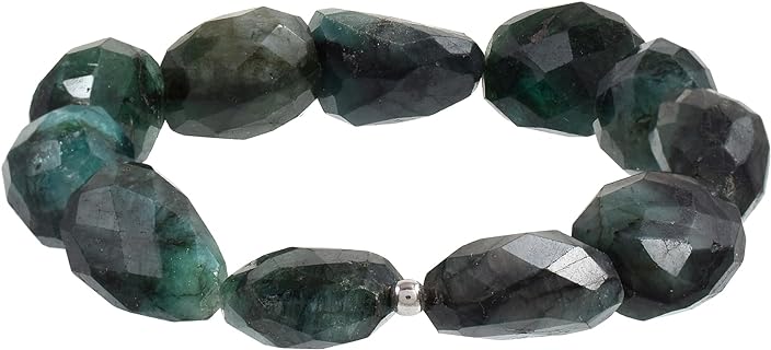 Sterling Silver Natural Emerald Stretch Bracelet with Lobster Claw Clasp, Ideal Gift for Ladies, Tumbled Bead Design