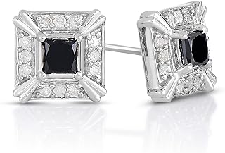 NATALIA DRAKE 1 Cttw Princess Cut Black Diamond Stud Earrings - Rhodium Plated 925 Sterling Silver, Push Back Design for Men & Women with Halo White Diamonds