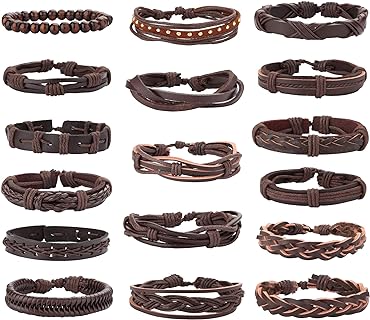 Jstyle Adjustable Braided Leather & Wooden Bead Wrap Bracelet Set for Men and Women with Stainless Steel Clasp, 17Pcs Variety Pack