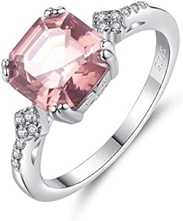 925 Sterling Silver CZ Zircon Simulated Morganite Ring for Women, Cubic Zirconia Asscher Cut Nano Brown Gemstone Eternity Engagement Band Costume Jewelry with Gift Box