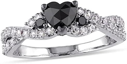 ABHI Heart Cut Black & White Diamond 925 Sterling Silver 14K White Gold Over Diamond Twist Wedding Engagement Ring for Women