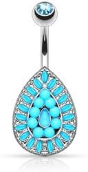 Charming Vintage-Style 14GA Stainless Steel Belly Ring with Hypoallergenic Rhodium Plating, Turquoise Bead Teardrop Design, and Dazzling Cubic Zirconia Accents