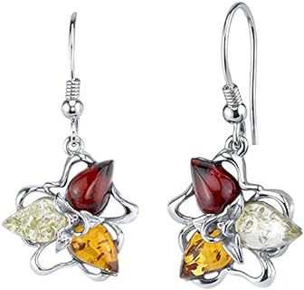 Women's Peora Genuine Baltic Amber Star Leaf Dangle Earrings, Set in 925 Sterling Silver, in Vibrant Cherry Red, Cognac and Light Yellow with Secure French Wire Fishing Hooks