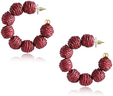 French Wire Hypoallergenic Stainless Steel Hoop Dangle Earrings in Burgundy - Handwoven Raffia Style Gifts for Women, Vibrant, Statement Design for Summer Beach Vacations and Casual Wear