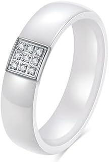 Cubic Zirconia & Polished Ceramic Wedding Band Ring for Women - Stackable & Versatile Design, Stainless Steel, Sizes 5-10