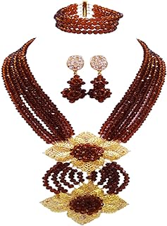 Fashion African Bead Necklace Nigerian Beads Wedding Jewelry Sets for Women (Brown)