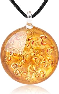 Hand Blown Glass Pendant Necklace with Lobster Clasp, Golden Flame Art Design, Perfect Gift for Art Enthusiasts