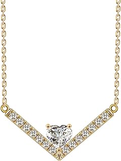 14K Gold Heart Necklace for Women, chevron necklace for women, Solid gold V necklace with 1 Carat Heart Moissanite Birthday Jewelry Gift for Women 16" + 2"