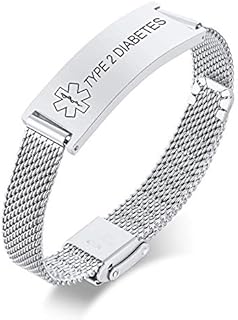 VNOX Type 2 Diabetes Medical Alert Bracelets for Men & Women Kids with Adjustable Stainless Steel Mesh Emergency Medical ID Bracelets Wristband