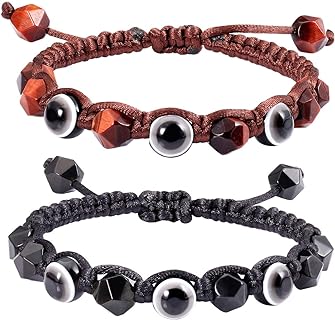 Obsidian Gemstone Evil Eye Amulet Bracelet with Rope and Cord Chain, Diffuses Essential Oils - Perfect Friendship or Couples Gift (Set of 2)