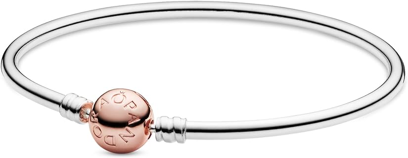 Pandora Moments Two-Tone Bangle - 14k Rose Gold & Sterling Silver Bangle for Women - Compatible Moments Charms - Features Rose & Sterling Silver - 6.7", With Gift Box