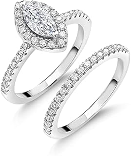 Sterling Silver Clasp Marquise Wedding Bands for Women with White Moissanite Gemstone - Engagement and Bridal Ring Set in Sizes 5 to 9