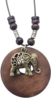 Wooden Pendant Necklace, Owl Leaf Elephant Flower Handmade Vintage Bronze Leaf Long Leather Chain Sweater Necklace for Women Girls