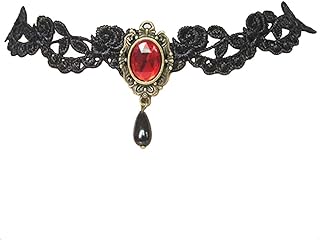 Lobster Clasp Gothic Choker Necklace with Red Rhinestone & Black Teardrop Pendant, Alloy Chain for Women - Royal Court Vampire Design