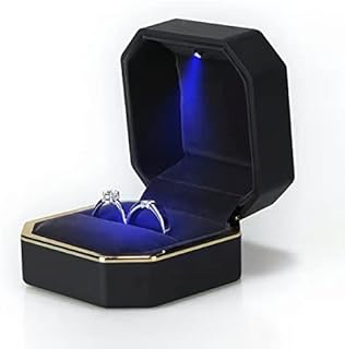 HSLFUAI LED Proposal and Engagement Ring Box in Polished Black Plastic with Hinged Lid for Men, Square Design