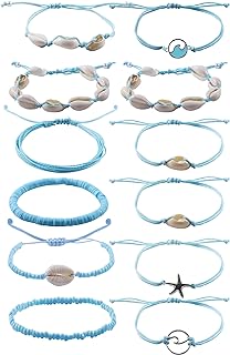 PIPITREE 12Pcs Beach Surfer Wave Bracelets for women, Adjustable Handmade Waterproof Braided String Beaded Anklets Starfish Shell Ankle Bracelet for Girls Boho Summer Jewelry
