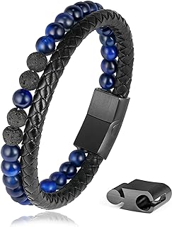 Men's LUXEJEW Beaded Bracelet - Natural Stone & Leather with Magnetic Clasp, Bead Chain Design - Ideal Jewelry Gift for Men